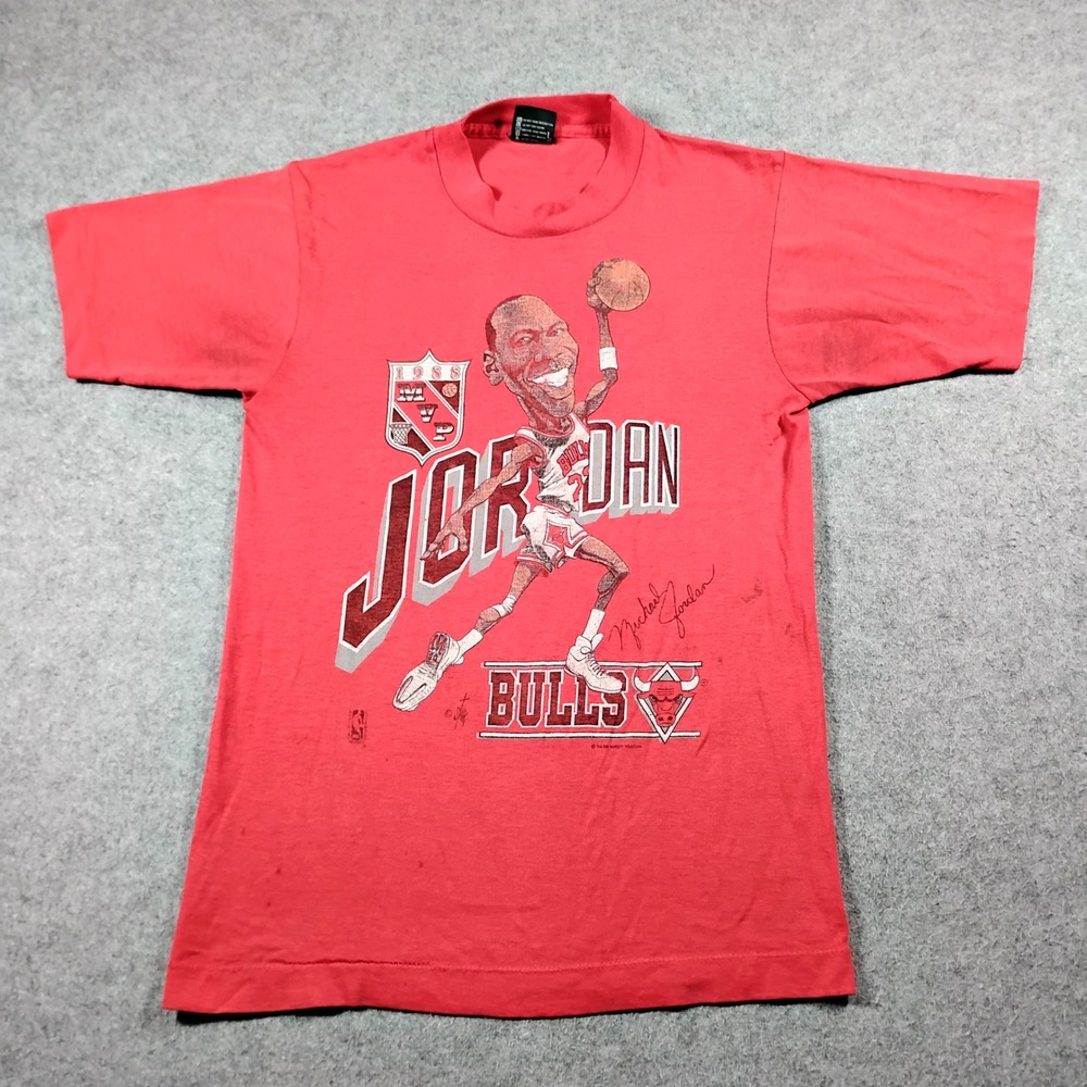 Vintage 80s Michael Jordan Chicago Bulls MVP Caricature T-Shirt Red Small